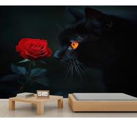 Black Cat Mural Red Rose Wall Mural Dark Themed Bedroom Decor Murals Romantic Floral Vintage Animal Wallpaper Not Peel and Stick Wallpaper for Living Room 400 x 280 cm
