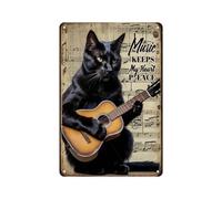 Black Cat Music Keeps My Heart Peace Play Guitar Vintage Aluminum Tin Sign - Musical Sentiment Decorative Metal Sign, 5.5x8 Inches, Soulful Wall Decor for Music Room, Studio Cat Lover's Den