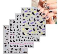 Black Cat Nail Art Stickers, 12 Sheets Cute Halloween Cat Nail Stickers Self-Adhesive Paws Fish Bones Moon Star Nails Art Stickers Decals DIY Manicure Supplies (Black A)