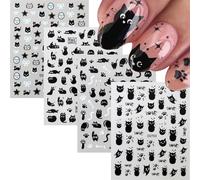Black Cat Nail Art Stickers, 12 Sheets Cute Halloween Cat Nail Stickers Self-Adhesive Paws Fish Bones Bows Star Nails Art Stickers Decals DIY Manicure Supplies