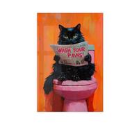 Black Cat on A Pink Toilet Painting Poster, Wash Your Paws Funny Bathroom Wall Art, Humorous Cat Reading Newspaper Print Unframe-style 16x24inch(40x60cm)