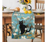 Black Cat on Branches Table Runner 70 Inches Long,Table Runners Kitchen Dining Tables Decoration for Home Party Decor, Oil Style Cute Kitty Tables Runner Wedding Dresser Scarf