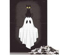 Black Cat On Ghost Halloween Illustration Puzzles 1000 Pieces Wooden Puzzles for Adults & Teenager Stress Relief Toys 1000pcs (75x50cm)