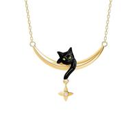 Black Cat on Gold Crescent Moon Necklace with Star Charm, Black Cat Moon Necklace With Star Accent, MoonstoneCat On Moon Animal Necklace, Whimsical Celestial Gift for Cats Lovers