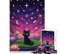 Black Cat on Lily Pad at Night Jigsaw Puzzle for Adults 1000 Pieces Thinking Skill Pleasant Downtime Neat Edges Chic Xmas Gift (50x75cm)