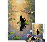 Black Cat on Lily Pad Painting 1000 Piece Jigsaw Puzzles for Teenagers Jigsaw Think Training Stress Free Fun Defined Edges Holiday Present (38x26cm)