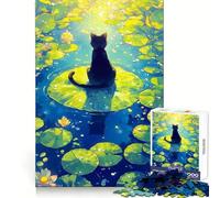Black Cat on Lily Pad - Pound Lake 1000 Piece Jigsaw Puzzle for Adults Mind Exercise Cozy Pastime Exact Cut Chic Xmas Gift (50x75cm)
