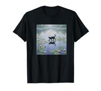 Black Cat on Lily Pads Impressionist Pond Art T-Shirt