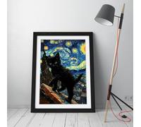 Black Cat on rooftop by Van Gogh Stunning Framed Wall Art Print Picture - A1 - Black Frame