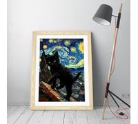 Black Cat on rooftop by Van Gogh Stunning Framed Wall Art Print Picture - A2 - Light Oak Frame