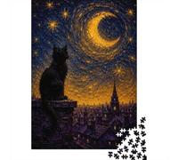 Black Cat on Rooftop Under Crescent Moon 1000 Piece Jigsaw Puzzle for Adults, 70x50cm/1000pcs, January Puzzle Activity, Relaxing Home Time And A Fresh Start