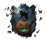Black Cat on Scary Orange Pumpkin Personalized Jigsaw Puzzles, 141 Pcs Wooden Jigsaw Puzzle Tiger Head Shape Puzzle Gift