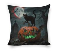 Black Cat on Scary Orange Pumpkin Throw Pillow Covers 18"x18" Decorative Linen Pillowcase with Hidden Zipper Double-Sided Boho Farmhouse Cushion Case for Sofa Bed Chair, Holiday Decor, Home Gift