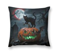 Black Cat on Scary Orange Pumpkin Throw Pillow Covers 18 "x18 " Decorative Plush Pillowcase with Hidden Zipper Double-Sided Boho Farmhouse Cushion Case for Sofa Bed Chair, Holiday Decor, Home Gift