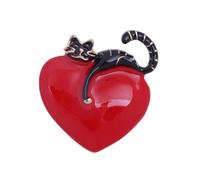 Black Cat on the Heart Brooch Pin for Women Girls Gold Plated Fashion Enamel Red Love Hearted Sleeping Kitten Animal Brooches Lapel Pins Cute Dress Accessories Birthday Holiday Christmas Jewelry Gift