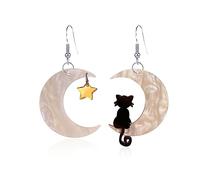 Black Cat on the Moon Star Earrings for Women Creative Asymmetric Cartoon Acrylic Resin Crescent Moon Black Lovely Animals Pet Lightweight Dangle Drop Earrings for Halloween Party Jewelry Gifts