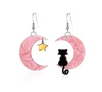 Black Cat on the Moon Star Earrings for Women Creative Asymmetric Cartoon Acrylic Resin Crescent Moon Black Lovely Animals Pet Lightweight Dangle Drop Earrings for Halloween Party Jewelry Gifts