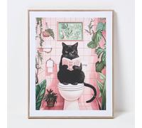 Black Cat on Toilet Wall Art, 45 x 50 cm