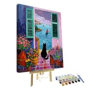 Black Cat Paint by Numbers, Cat Looks at the Sea Paint by Number for Adults, Abstract Natural Landscape Easy Paint by Numbers Kit for Adults Kits on Canvas Coastal Scenery 16x20 inches With Frame