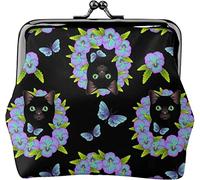 Black Cat Pansies Women's Leather Coin Purse, Small Change Pouch with Kiss-Lock Clasp Closure Buckle Wallet for Girl Gift