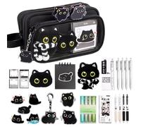 Black Cat Pencil Case With Sticky Notes, Pens, Notebook, Highlighters