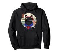 Black Cat Pet Japanese Samurai Lover Cartoon Illustration Pullover Hoodie