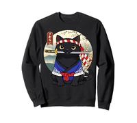 Black Cat Pet Japanese Samurai Lover Cartoon Illustration Sweatshirt