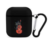 Black Cat Playing Violoncello Case Cover Compatible with AirPods 1 2 Generation with Black Keychain