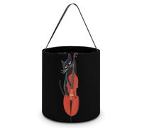 Black Cat Playing Violoncello Foldable Halloween Trick Or Treat Bags Tote Goodie Candy Bucket Gift Party Favor Supplies