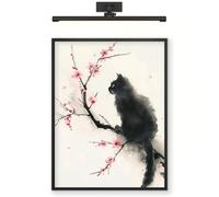 Black Cat Plum Blossom Wall Art, Japanese Style Print, 11x14in (27x35cm) | Moody Floral Illustration, Zen Home Decor, Minimalist Aesthetic, Nature Inspired Artwork, Unframed