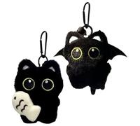 Black Cat Plush Keychain, 2Pc Cute Black Cat Plush Pendant, Cartoon kitten Holding a Fish and Ghost kitten Key Chain Decor for Car Bag Purses Cats Lovers