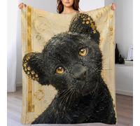 Black Cat Portrait Throw Blanket Golden Pattern Soft Fleece Living Room