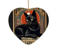 Black Cat Poster Printed Heart Shape Ceramic Pendant, Perfect for Decorating Your Home Christmas Tree for Winter Parties