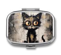 Black Cat Print Pill Box 2 Compartment, Portable Pill Case with Mirror for Pocket Purse Travel, Mini Metal Medicine Organizer for Vitamins Fish Oil