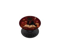 Black Cat Reading Book Autumn Maple Leaves Moon Cozy Fall PopSockets Adhesive PopGrip