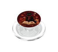Black Cat Reading Book Autumn Maple Leaves Moon Cozy Fall PopSockets PopGrip for MagSafe
