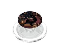 Black Cat Reading Fantasy Books at Night PopSockets PopGrip for MagSafe