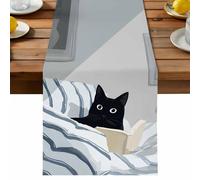 Black Cat Reading in Bed Table Runner, Funny Cute Animal Cotton and Table Linen Runner for Kitchen Dining Home Decor for Party Festival Holiday Decoration Gift 13x90in