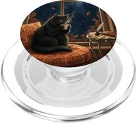 Black Cat Reading Moon Night Autumn Cozy Cat Lover PopSockets PopGrip for MagSafe