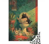 Black Cat Reading Newspaper on Toilet Jigsaw Puzzles Puzzles for Adults Kids. 1000 Pieces Whimsical Challenge Toy Educational Games Home Decoration for Educational Games Gifts 70x50cm/1000pcs