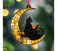 Black Cat Reading on Crescent Moon Ornament - Stained Glass Style Acrylic Hanging Decoration - Cute Cat Lover Gift, Bookish Decor for Christmas Tree or Window