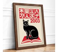 Black Cat, Red Book Japandi Framed Wall Art Print A3 (42×29.7cm) Walnut, Wall Decor for Living Room, Bedroom, Office & Home, Ready to Hang, Art Gift