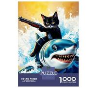 Black Cat Riding Shark 1000 Piece Jigsaw Puzzle Paper for Adults Ocean Adventure 1000 Pieces Puzzle Game Focus Boost Home Decor Stress Relief 52x38cm/1000pcs