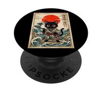 Black Cat Samurai Katana Japanese Waves Vintage Art PopSockets Adhesive PopGrip