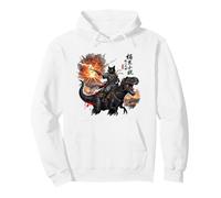 black cat samurai riding dinosaur volcanic eruption art cat Pullover Hoodie