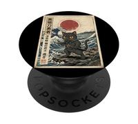 Black Cat Samurai Ukiyo-e Japanese Warrior Vintage Art PopSockets Adhesive PopGrip