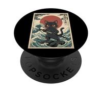 Black Cat Samurai Warrior Katana Japanese Art Waves Red Sun PopSockets Adhesive PopGrip
