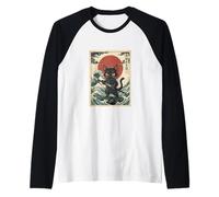 Black Cat Samurai Warrior Katana Japanese Art Waves Red Sun Raglan Baseball Tee