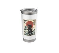Black Cat Samurai Warrior Katana Japanese Art Waves Red Sun Stainless Steel Insulated Tumbler