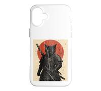 Black Cat Samurai with Katana under Red Rising Sun Case for iPhone 16 Plus